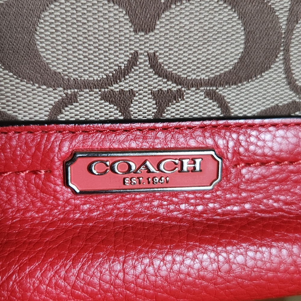 Coach Park Signature Carrie Tote, Red Leather Trim EUC - Picture 2 of 12